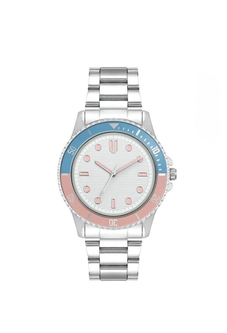 Time and Tru Womens Silver Tone Pink Blue Bezel Bracelet Watch New Box